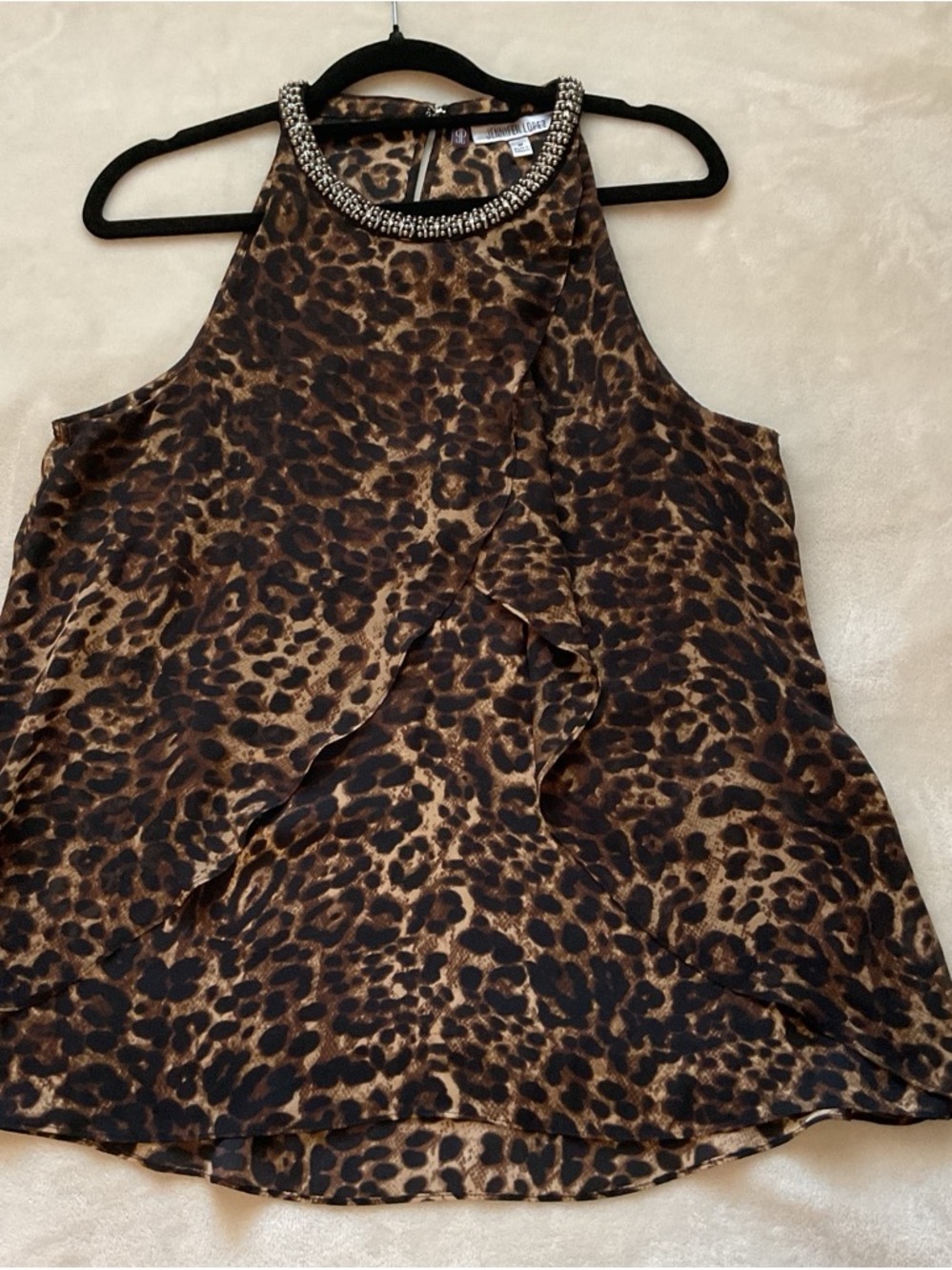 Jennifer Lopez Leopard Print Beaded Halter Top